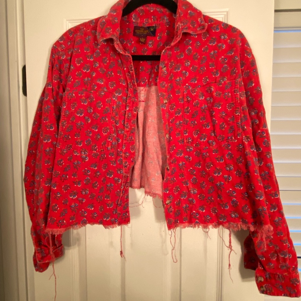 Vibrant Red Button Down Shirt with Cropped Style and Distressed Edges